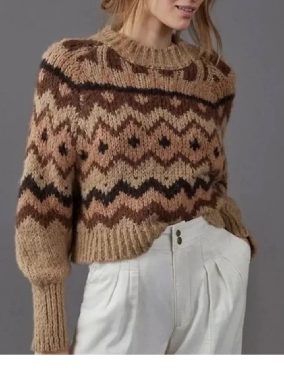 Anthropologie Wool Blend Chunky Fair Isle Knit Sweater in Beige & Brown - Picture 10 of 10